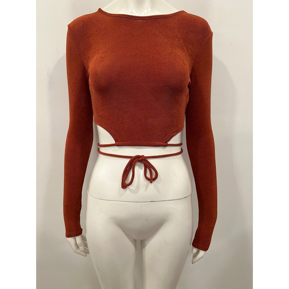 Elodie‎ Crop Top Women XS Rust Orange Waist Tie Detail Long Sleeve Y2K NWT